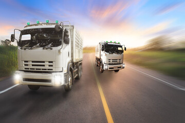 Obraz na płótnie Canvas Overtaking trucks on an asphalt road. On the road transportation and cargo.
