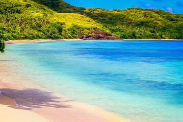 Fototapeta na wymiar Tropical sandy beach at summer day in Fiji Islands, Pacific ocean