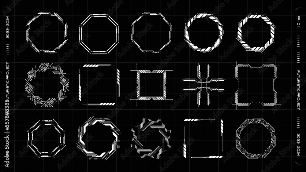 Aufkleber set of sci fi modern circuit frame user interface elements.