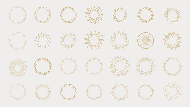 Circular line frame elements design. Floral circle border vector. Set collection Aesthetic outline. Gold vintage round frame banners.