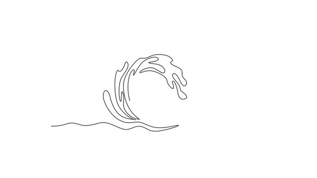 Animated self drawing of continuous one line draw water splashes wave twirl isolated surge blue sparks breaker. Wave curly shapes icon symbol on white background. Full length single line animation