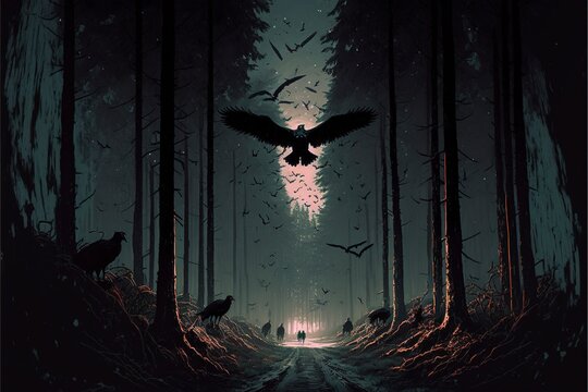 The dark forest has crows