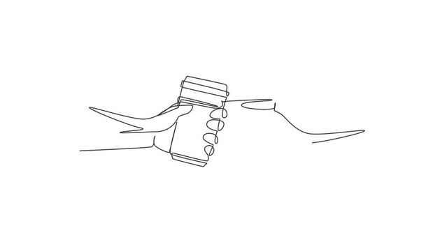 Animated self drawing of continuous line draw couple is toasting with paper cup and drink coffee. Close-up cropped view of two human hands holding disposable cups. Full length single line animation