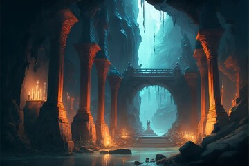 A majestic ancient temple, within a dramatic fantasy landscape.
