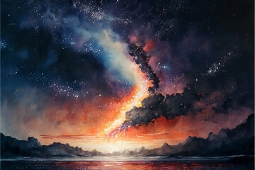 Dreamy watercolor painting depicting a sea of cosmic stars