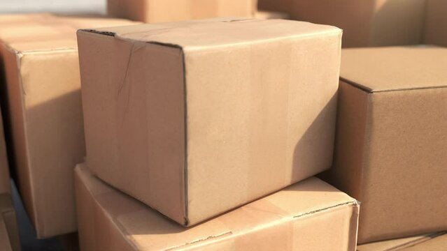 Closeup Slow motion Boxes, Parcel boxes, cardboard box, in factory industry. 3D animation.  Business ecommerce logistic concept idea.