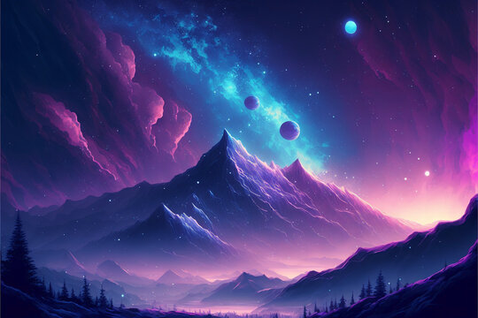Blue Pink and Purple Gradient with Mountain Landscape and Deep Outer Space, Stars Galaxy Mooon Generative AI