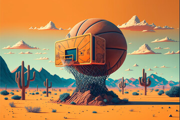 Postmodern Basketball Landscape, Mountains, Cactus and Desert, Surreal Generative AI