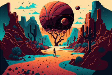 Postmodern Basketball Landscape, Mountains, Cactus and Desert, Surreal Generative AI