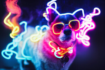 cyberpunk style cute dog, neon colors , bright smoke in background