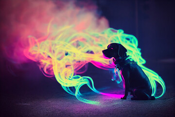 cyberpunk style cute dog, neon colors , bright smoke in background