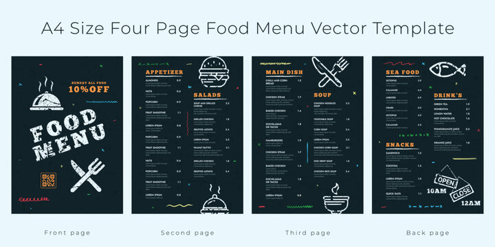Restaurant cafe menu, template design,
A4 Size, Four page food menu template