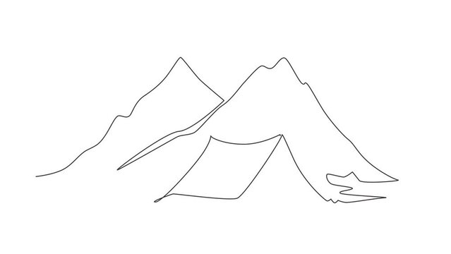 Self drawing animation of single line draw adventure camping night. Tent, campsite, pine forest and rocky mountains. Sports, hiking, camping recreation. Continuous line draw. Full length animated