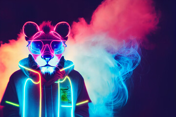 cyberpunk style cute lion, neon colors , bright smoke in background