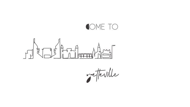 Self Drawing Animation Of Single Line Draw Fayetteville Skyline, Arkansas. Famous City Scraper Landscape. World Travel Home Wall Decor Art Poster Concept. Continuous Line Draw. Full Length Animated