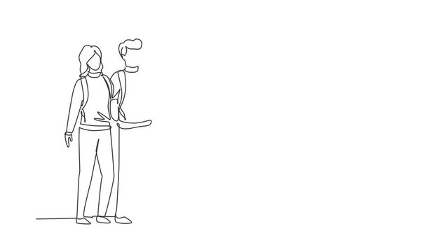 Self drawing animation of continuous line draw couple standing full length trying to take selfie with mobile device in hand. Man and woman are photographed together. Full length one line animation