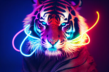 cyberpunk style cute tiger, neon colors , bright smoke in background