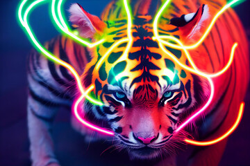cyberpunk style cute tiger, neon colors , bright smoke in background