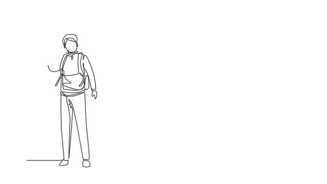 Animated self drawing of single continuous line draw young cheerful professional male photographer with camera joy make photography taking nature, traveling concept. Full length one line animation