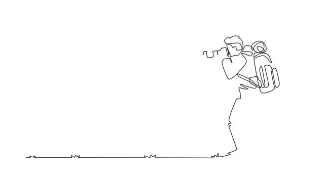 Self drawing animation of single line draw male photographer standing taking photo using camera, tourist with backpack. Photographer with his telephoto lens. Continuous line draw. Full length animated