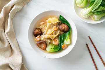 pork dumpling soup with shrimps and vegetable