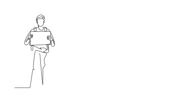 Animated self drawing of continuous line draw man traveler hitchhiking. Young tourists with backpacks trying catch car on road. Holidays adventure, tourism, travelling. Full length one line animation