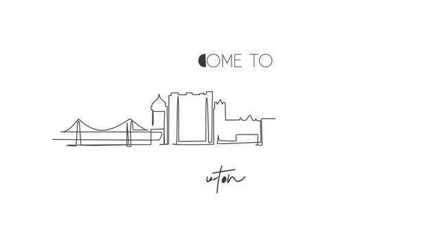 Animated self drawing of continuous line draw Luton city skyline, England. Famous city for wall decor print. Best world travel destination concept. Editable stroke. Full length single line animation