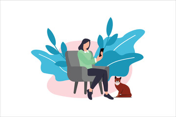A girl sitting on the sofa Playing Smartphone. Vector flat illustration.template, cartoon style