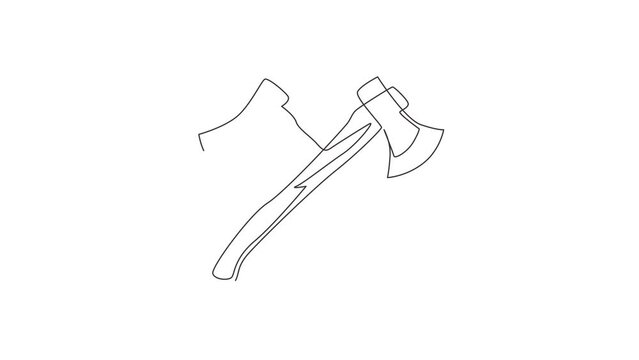 Animated self drawing of continuous line draw lumberjack axes crossed icon. Crossed axes, crossed firefighter axe, fire service fireman axe, Hatchet in vector format. Full length single line animation