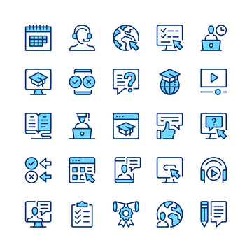 Digital learning line icons. Blue color. Vector line icons set