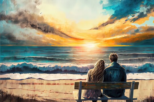 A young couple looks at the sunset on the beach