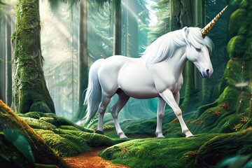 Obraz na płótnie Canvas Unicorn Mythical Creature in a Magical Forest, White Mane, Fantasy Concept