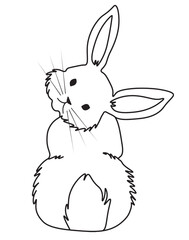 linear drawing of cute lovely pretty bunny, rabbit or hare. It's got its back and it's looking back. Easter symbol or mascot. Vector Ilustration isolated on white background.