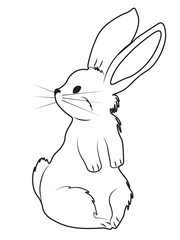 linear drawing of cute lovely pretty bunny, rabbit or hare. It's on the side and it's looking back. Easter symbol or mascot. Vector illustration isolated on white background.