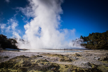Fototapeta na wymiar Rotorua weird and unique landscape, geothermal activity, volcanic landforms, hot pools and lakes North Island New Zealand 