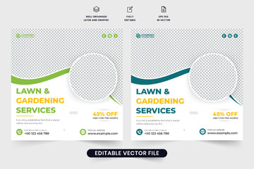 Landscaping and mowing business promotional web banner design with photo placeholders. Gardening and farming service advertisement template design for marketing. Lawn and gardening social media post.