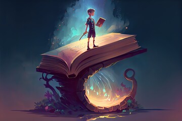 acrylic, artistic, artwork, book, fantasy, imagination, kid, knowledge, open, painting, papers, read, school, story, surreal, boy, giant, art, big, illustration, light, childhood, old, pink