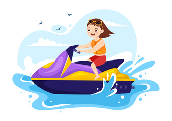Kids Ride Jet Ski Illustration Summer Vacation Recreation, Extreme Water Sports and Resort Beach Activity in Hand Drawn Flat Cartoon Template