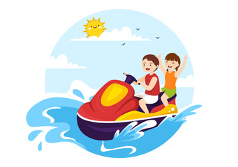 Kids Ride Jet Ski Illustration Summer Vacation Recreation, Extreme Water Sports and Resort Beach Activity in Hand Drawn Flat Cartoon Template