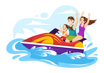 Kids Ride Jet Ski Illustration Summer Vacation Recreation, Extreme Water Sports and Resort Beach Activity in Hand Drawn Flat Cartoon Template