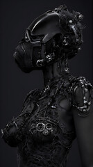 Fototapeta premium Generative AI : Cyborg Lady in Black with intricate biomechanical fittings and attachments