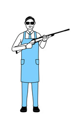 サングラスをかけてライフル銃を持つエプロンを着たシニア男性