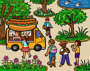 Obraz na płótnie Canvas Street food truck hot dog. Illustration cartoon drawing.