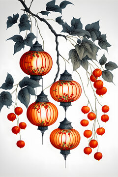 Chinese lanterns hanging illustration in white background, chinese lanterns, chinese new year, chinese lunar New year 