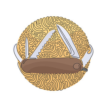 recommend clip art: Single one line drawing multifunctional pocket knife, camping and hiking equipment. Camping knife tool. Swirl curl circle background style. Continuous line draw design graphic vector illustration