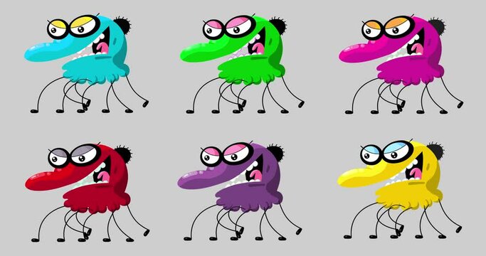 Spider cartoon characters insect animals characters running. Six different colours version. Alpha channel included. Seamless loop.