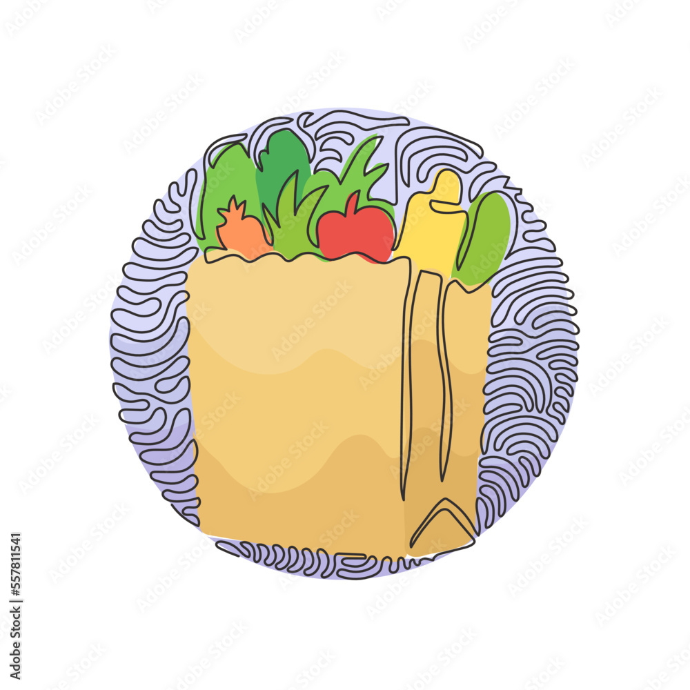Poster single continuous line drawing grocery bag with vegetables. paper package with produce. paper bag in