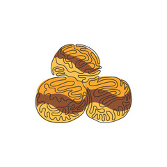 Continuous one line drawing takoyaki, octopus balls, Japanese fast food. Tasty snack with mayonnaise, bonito flakes and seaweed. Swirl curl style. Single line draw design vector graphic illustration