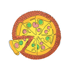 Single continuous line drawing pizza with tomato, cheese, olive, sausage, onion, basil. Traditional Italian fast food. Swirl curl circle background style. Dynamic one line draw graphic design vector