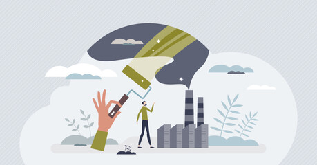 Greenwashing disinformation with company fake marketing tiny person concept. Corporate lies about factory pollution amount with CO2 emissions vector illustration. Hide toxic fumes with false cover.